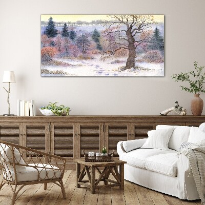 Winter landscape with a lonely tree Glass art print