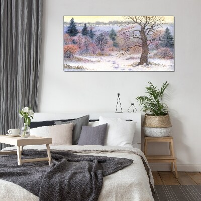 Winter landscape with a lonely tree Glass art print