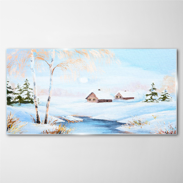 Winter landscape with houses in the snow Wall art on glass