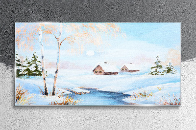 Winter snow tree cottage Glass Wall Art