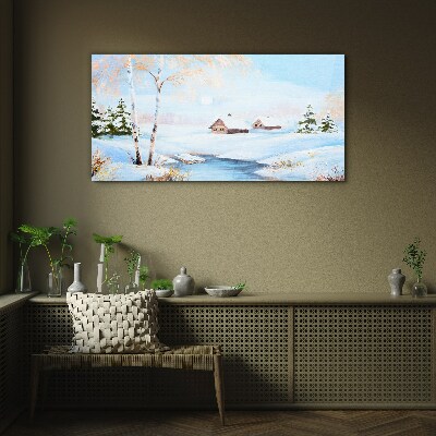 Winter landscape with houses in the snow Wall art on glass