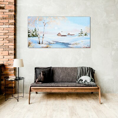 Winter landscape with houses in the snow Wall art on glass