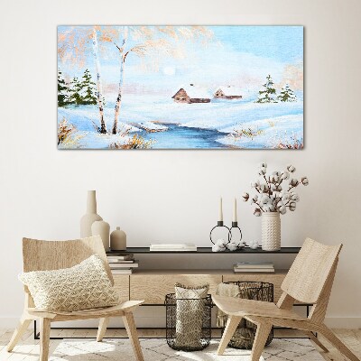 Winter landscape with houses in the snow Wall art on glass
