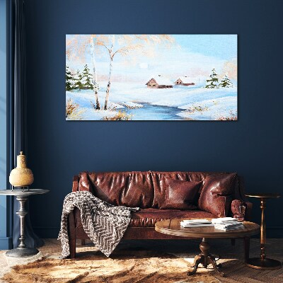 Winter landscape with houses in the snow Wall art on glass