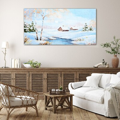 Winter landscape with houses in the snow Wall art on glass