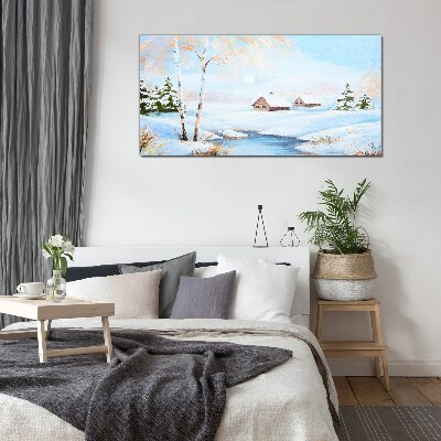 Winter landscape with houses in the snow Wall art on glass