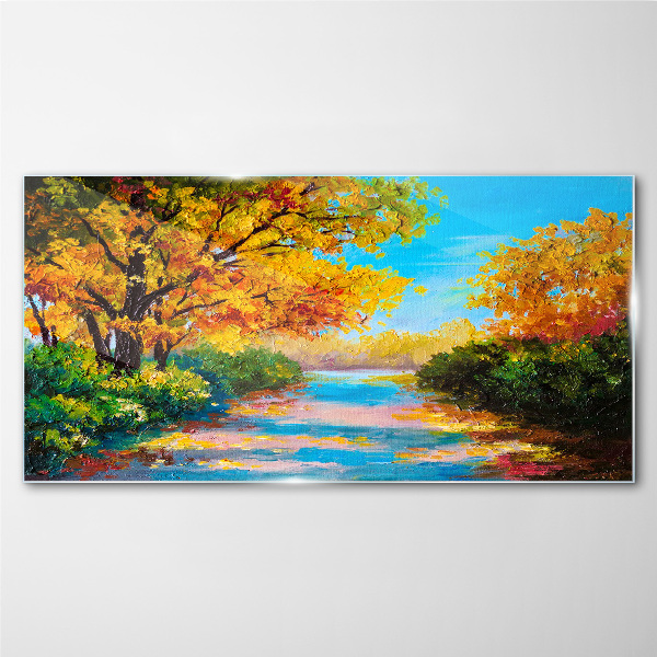 Golden autumn on the river Wall art on glass