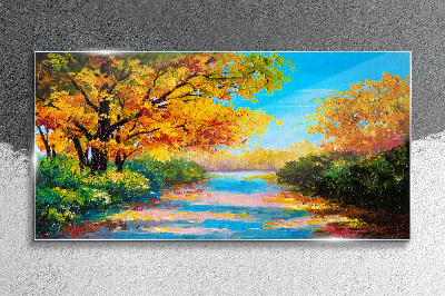 Golden autumn on the river Wall art on glass