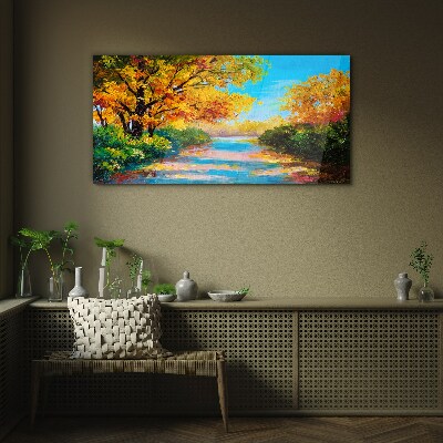Golden autumn on the river Wall art on glass