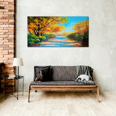 Golden autumn on the river Wall art on glass