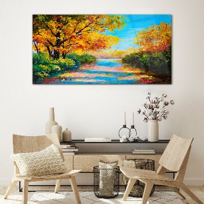 Golden autumn on the river Wall art on glass