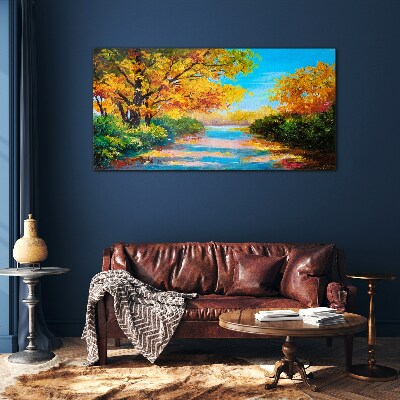 Golden autumn on the river Wall art on glass