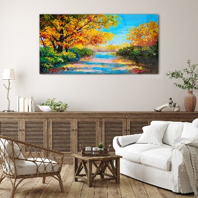 Golden autumn on the river Wall art on glass