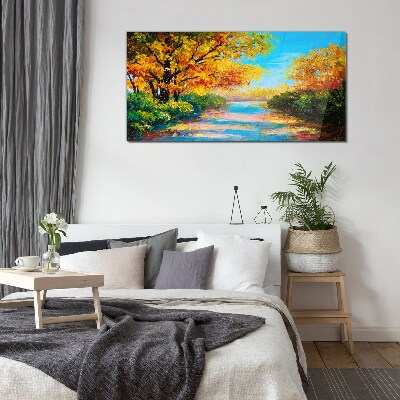 Golden autumn on the river Wall art on glass