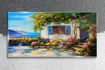 Seaside landscape with flowers Glass art print