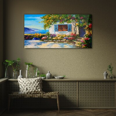 Seaside landscape with flowers Glass art print