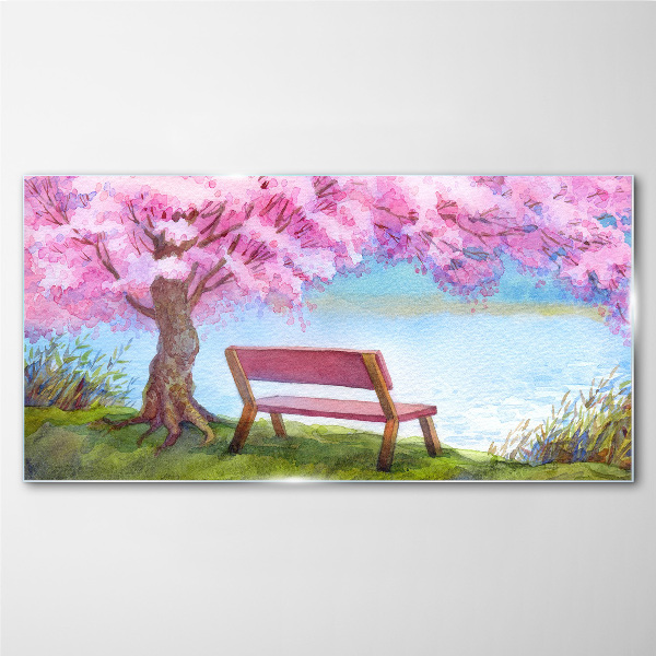 Spring peace under the blossoming cherry tree Wall art on glass