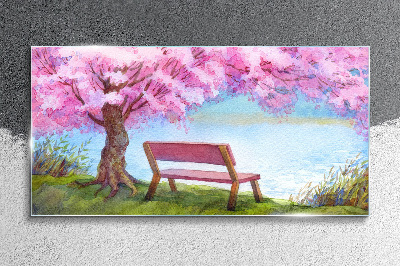 Spring peace under the blossoming cherry tree Wall art on glass