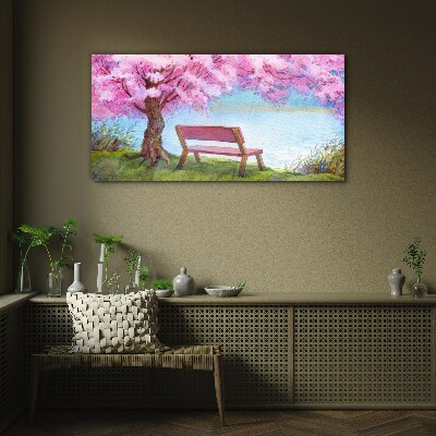 Spring peace under the blossoming cherry tree Wall art on glass