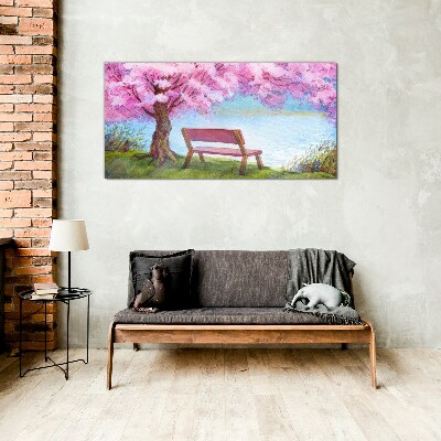 Spring peace under the blossoming cherry tree Wall art on glass