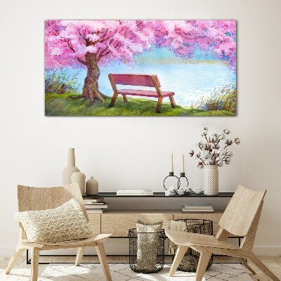 Spring peace under the blossoming cherry tree Wall art on glass