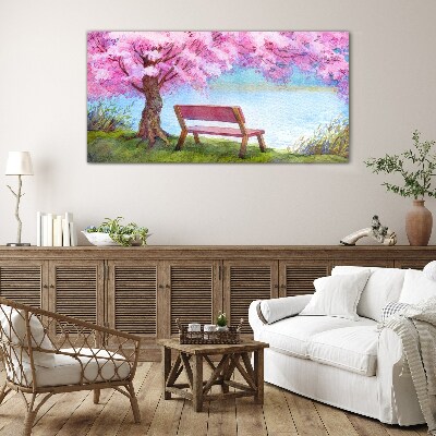 Spring peace under the blossoming cherry tree Wall art on glass