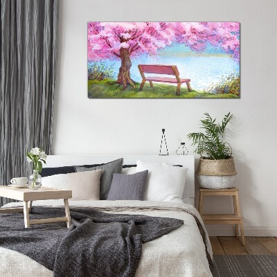 Spring peace under the blossoming cherry tree Wall art on glass