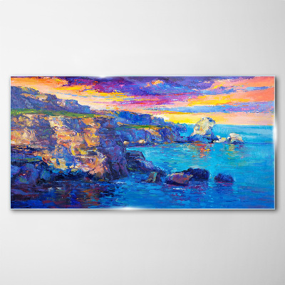 Picturesque sunset over the coast Wall art on glass
