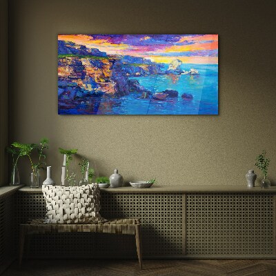 Picturesque sunset over the coast Wall art on glass