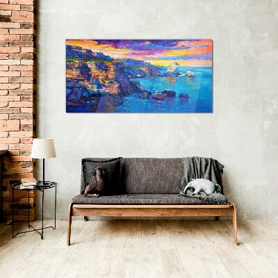Picturesque sunset over the coast Wall art on glass