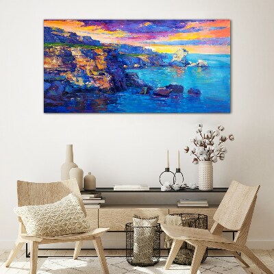 Picturesque sunset over the coast Wall art on glass