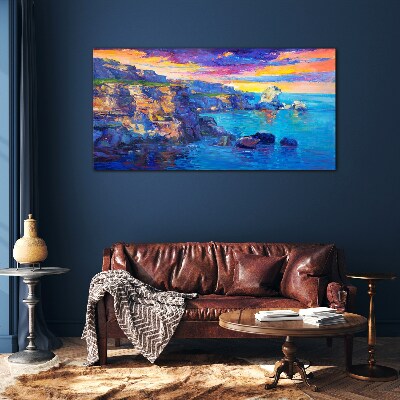 Picturesque sunset over the coast Wall art on glass
