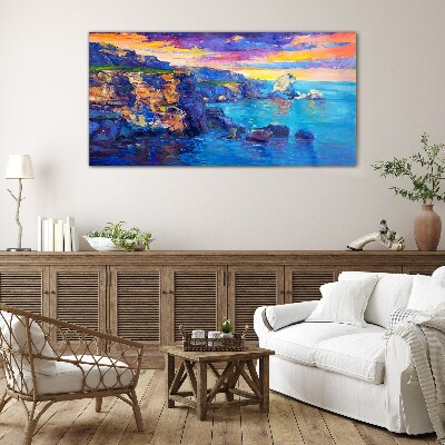Picturesque sunset over the coast Wall art on glass