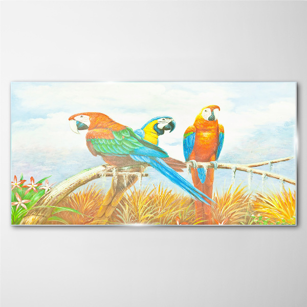 Tropical parrots on a branch Wall art on glass