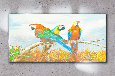 Tropical parrots on a branch Wall art on glass