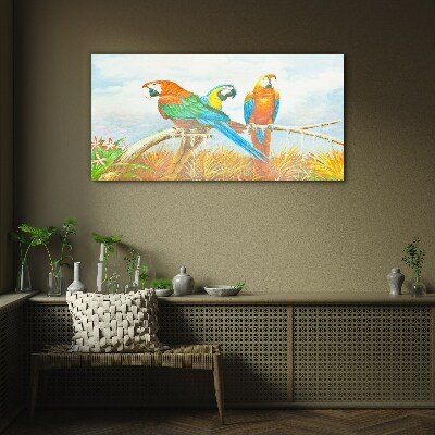 Tropical parrots on a branch Wall art on glass