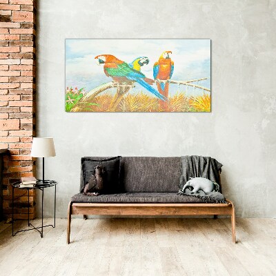 Tropical parrots on a branch Wall art on glass