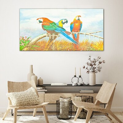 Tropical parrots on a branch Wall art on glass