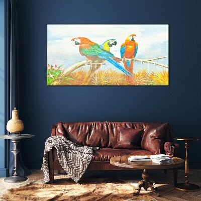 Tropical parrots on a branch Wall art on glass