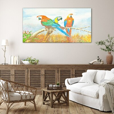 Tropical parrots on a branch Wall art on glass