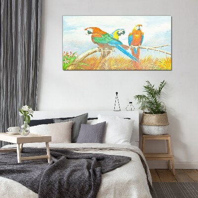 Tropical parrots on a branch Wall art on glass