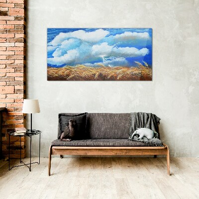 Summer sky over a golden field Wall art on glass