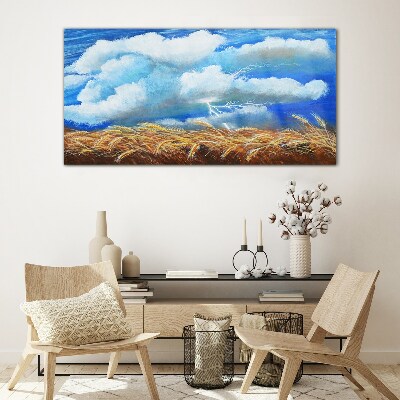 Summer sky over a golden field Wall art on glass