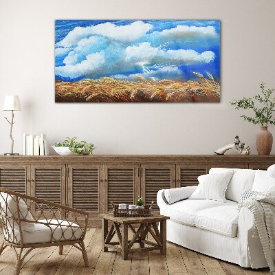 Summer sky over a golden field Wall art on glass