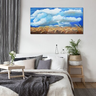 Summer sky over a golden field Wall art on glass