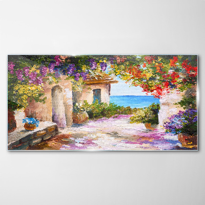 The flower alley of a seaside village Wall art on glass
