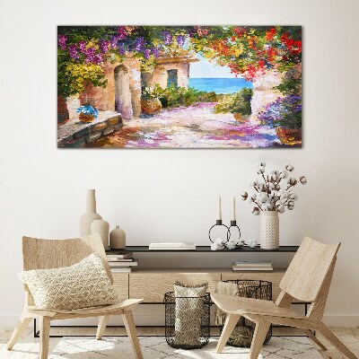 The flower alley of a seaside village Wall art on glass