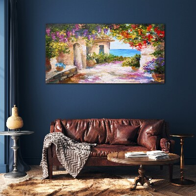 The flower alley of a seaside village Wall art on glass
