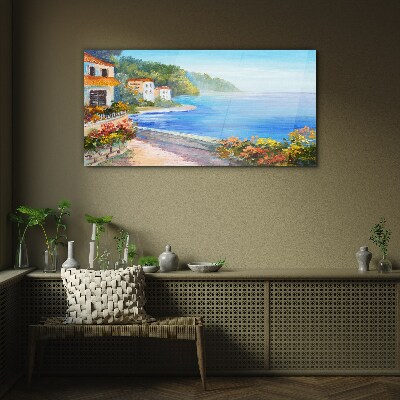 Seaside landscape with colorful houses Glass art print