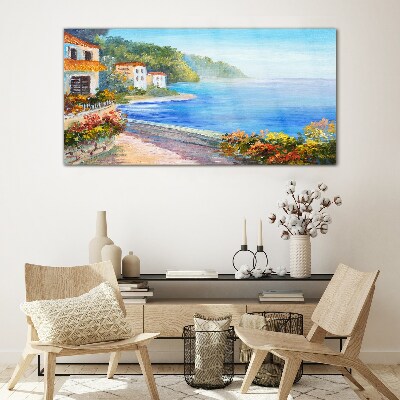 Seaside landscape with colorful houses Glass art print